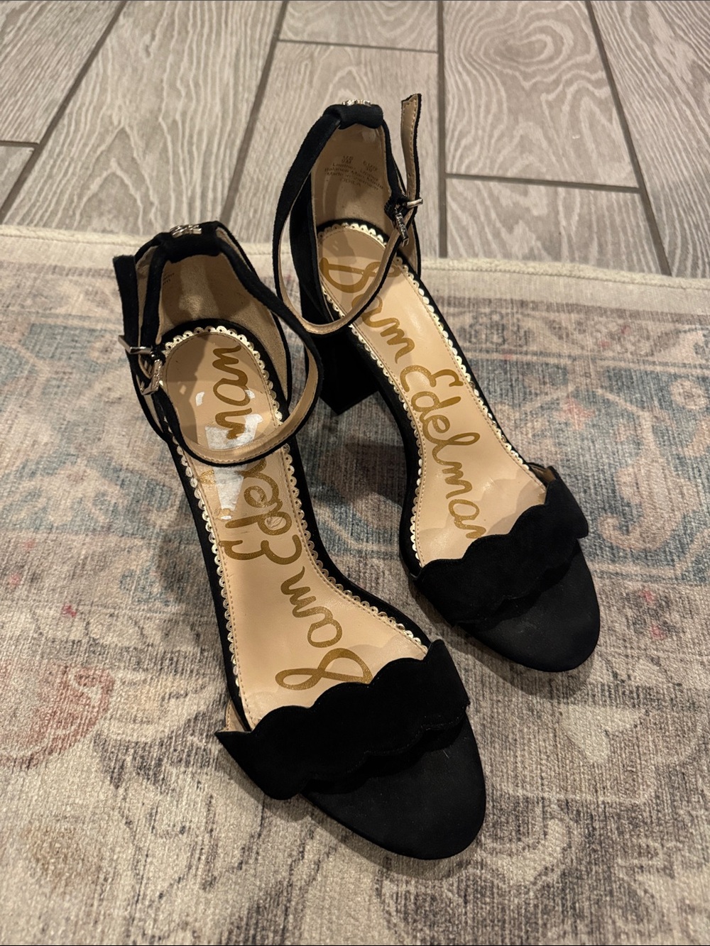 Sam Edelman Odila Suede Black Scalloped Ankle-Strap Block Heels size 9